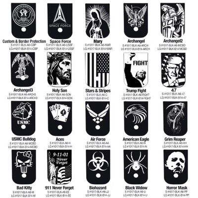 Engraved Base Plates designs like CBP, USSF, 47th. President, USMC Bulldog, Mary, Caduceus, Holy Son, Archangel, NASA, Trump Fight, USMC, US Navy, US Army, MAGA, Grim Reaper, Horror Mask