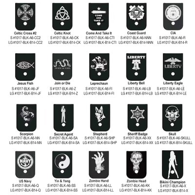 Engraved Base Plates designs like Mary, Caduceus, Holy Son, Archangel, NASA, Trump Fight, USMC, US Navy, US Army, MAGA, Grim Reaper, Horror Mask, Celtic Knot